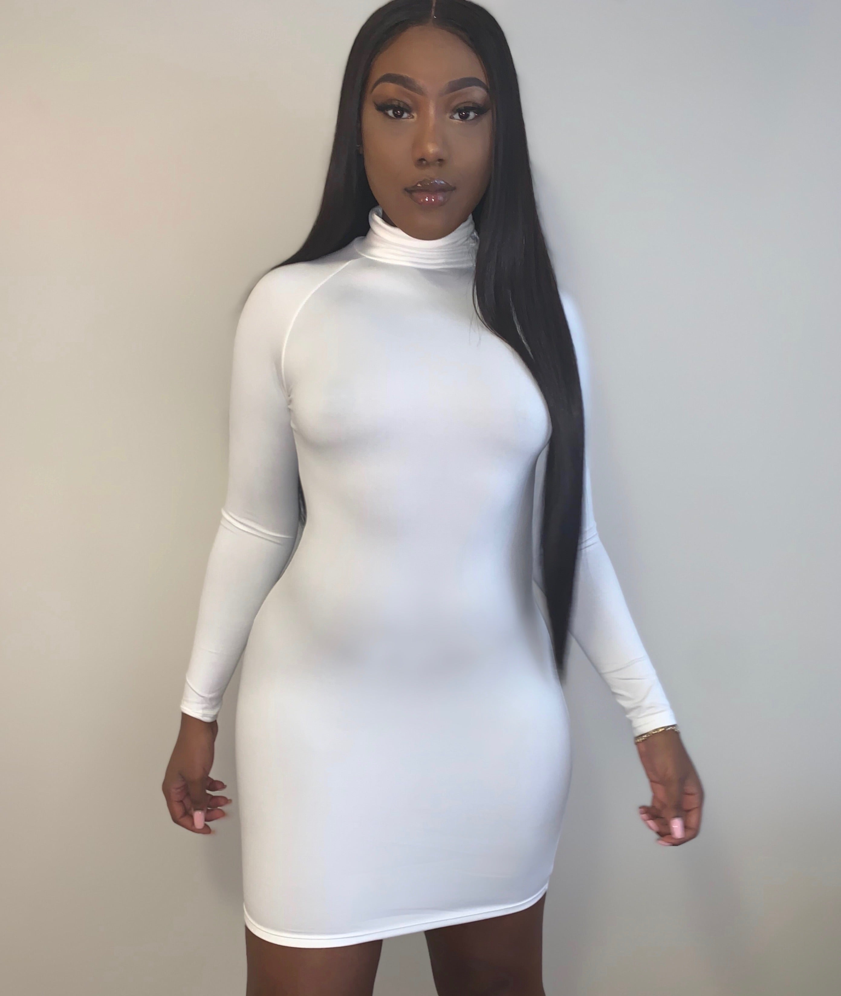 white long sleeve turtleneck bodycon dress Bare With Me Turtleneck Midi Dress Assur'd